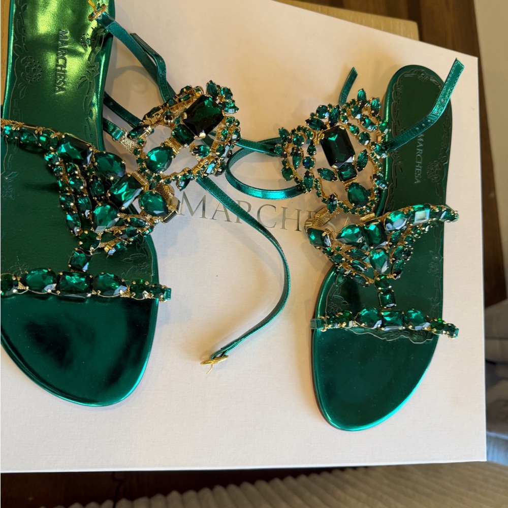 Marchesa Emerald Green Embellished Sandals - Picture 4 of 7